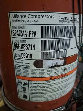 Spa054a1rpa Alliance Compressors Compressor / Com06919 208-230v 60 Hz 1 Ph Used Soa2flt8