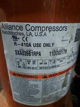 Sxa039b1rpa Alliance Compressors R410a Compressor / Com09538 208-230v 60 Hz 1 Ph Used