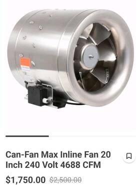 736844 Can-fan Max 20 Inch Inline 240v 4688 Cfm Metal Silver Mpn