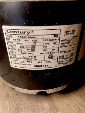 F48h03a01 Century 1/3hp Direct Drive Blower Motor 208-230/60/1 1075rpm 3spd