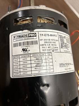 Tp-e75-mhp2 Tradepro Evaporator Motor 3/4 - 1/5 Hp 208/230v 3-speed 1075 Rpm Tp-e75-mhp2 Tradepro Evaporator Motor 3/4 - 1/5 Hp 208/230v 3-speed 1075 Rpm